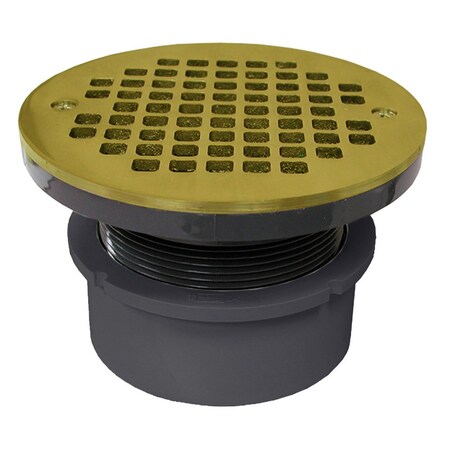 Jones Stephens 4in. PVC Hub Fit Drain Base with 3-1/2in. Plastic Spud and 6in. Polished Brass Strainer D53001
